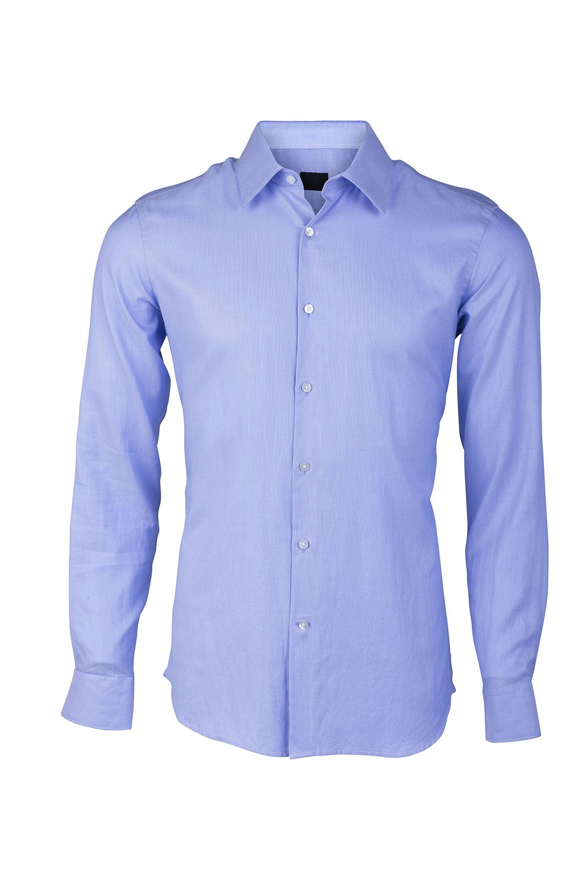 apparel-retouching-shape-shirt-before Product image of blue button-up shirt with invisible mannequin, showing bunching at shoulders